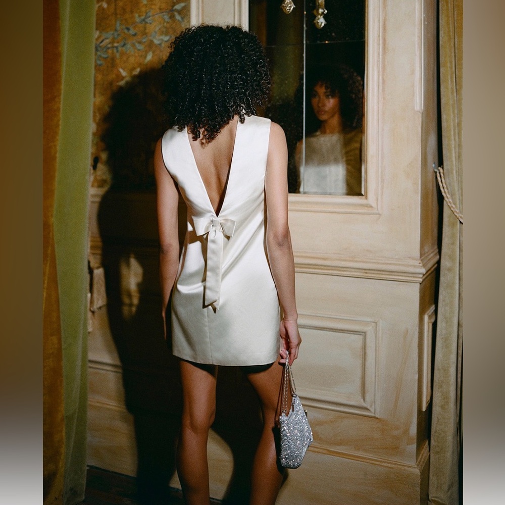 NWT French Connection Jaxon Bow Shift Mini Dress, Porcelain Cream, 12, Bridal